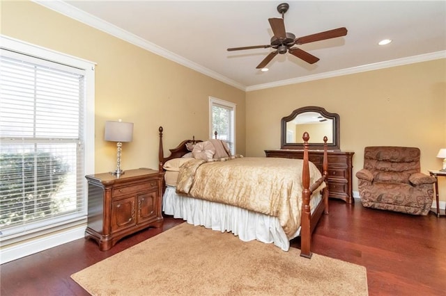 bedroom with crown molding, ceiling fan, dark wood-style flooring, and recessed lighting