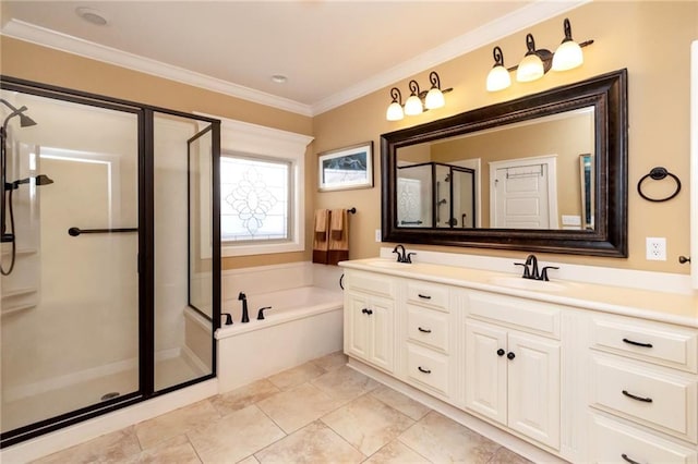 bathroom featuring crown molding, vanity, and plus walk in shower