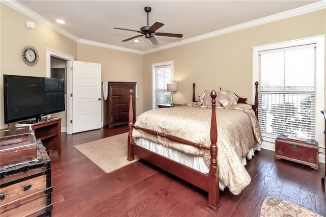 bedroom with dark wood-style floors, recessed lighting, ornamental molding, and ceiling fan