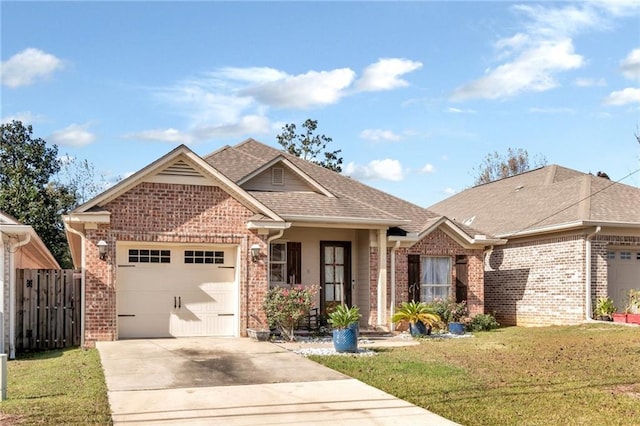 view of front of property featuring an attached garage, brick siding, a shingled roof, concrete driveway, and a front lawn