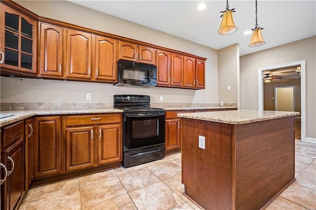 2000 Riverview Ave, Mobile, AL 36605 - kitchen featuring black appliances, a ceiling fan, a kitchen island, glass insert cabinets, and decorative light fixtures
