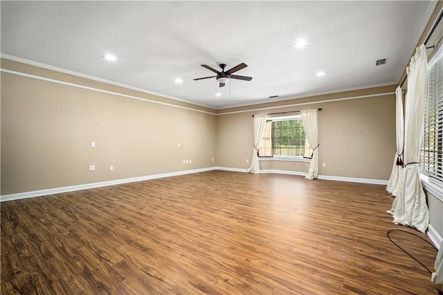 2000 Riverview Ave, Mobile, AL 36605 - empty room featuring crown molding, a ceiling fan, wood finished floors, baseboards, and recessed lighting
