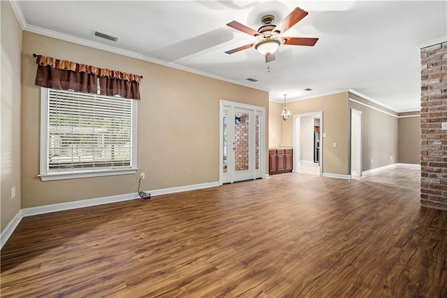 2000 Riverview Ave, Mobile, AL 36605 - unfurnished living room with a ceiling fan, wood finished floors, ornamental molding, and baseboards