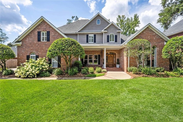 view of front of home with a front lawn and brick siding