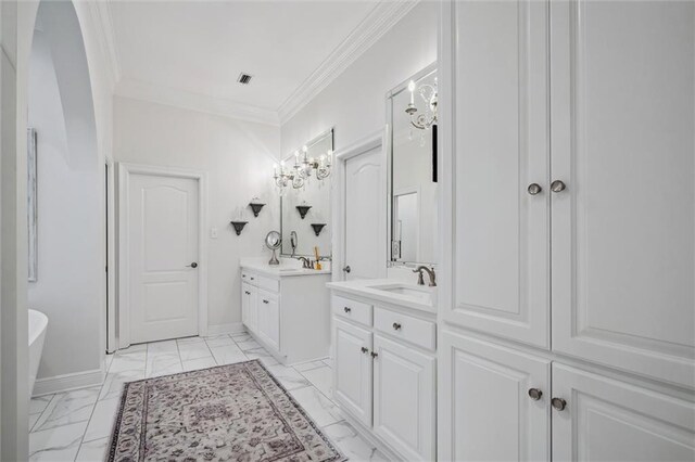 bathroom featuring two vanities, visible vents, marble finish floor, and ornamental molding