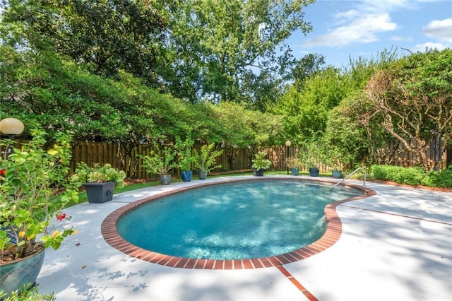 view of swimming pool featuring a fenced in pool, a patio, and a fenced backyard