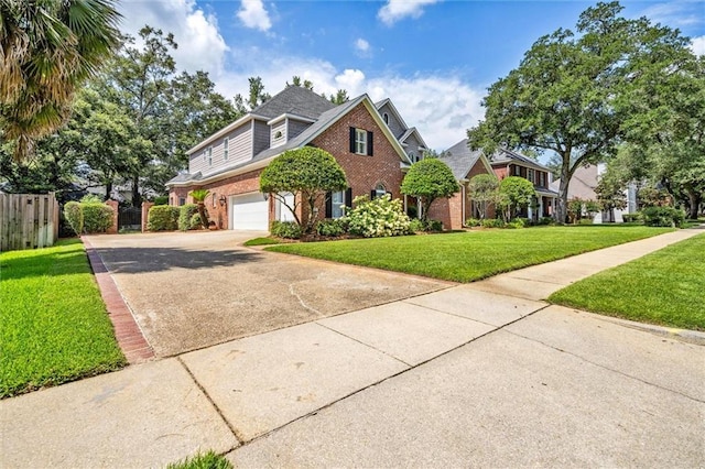 view of front of property featuring fence, an attached garage, concrete driveway, a front lawn, and brick siding