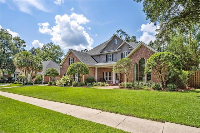 view of front facade featuring brick siding, a front lawn, and fence