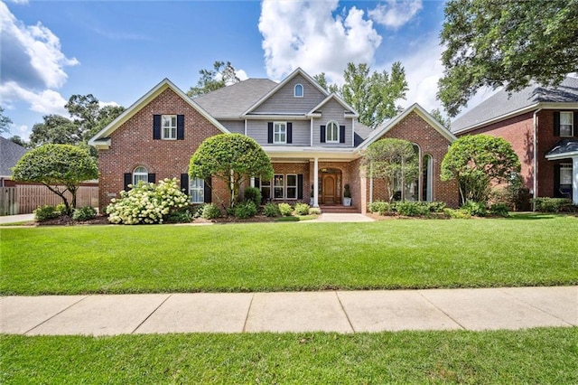 view of front of house featuring brick siding, a front lawn, and fence