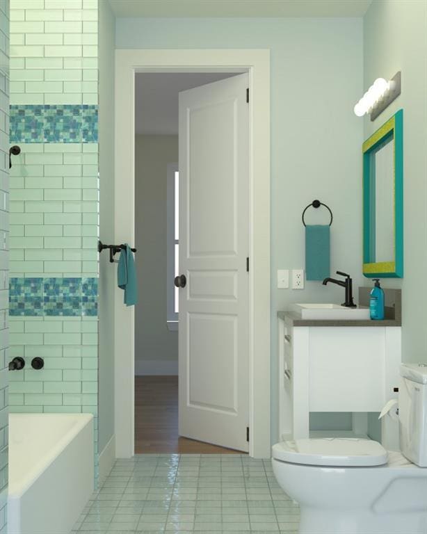 full bath featuring tile patterned flooring, vanity, and toilet