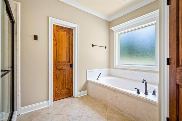 bathroom featuring ornamental molding, tile patterned flooring, and plus walk in shower