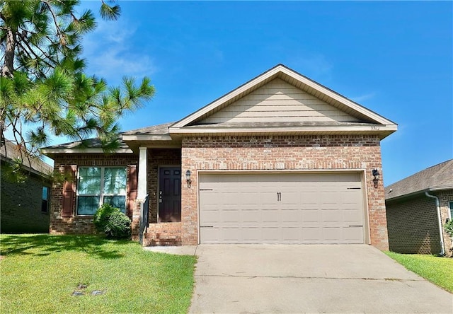 single story home with an attached garage, brick siding, concrete driveway, and a front yard