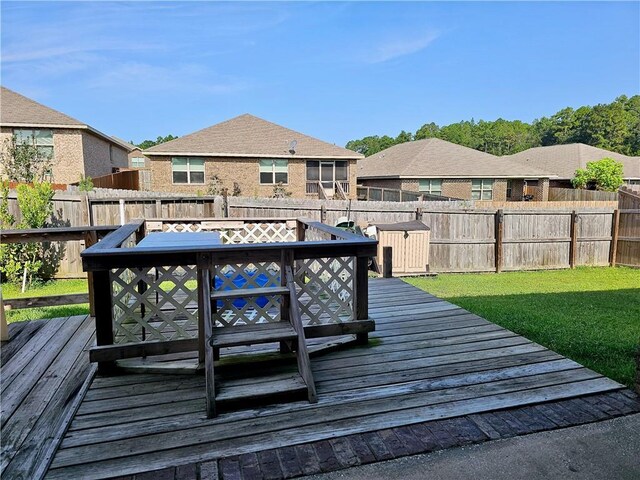 deck with a fenced backyard, a yard, and a residential view