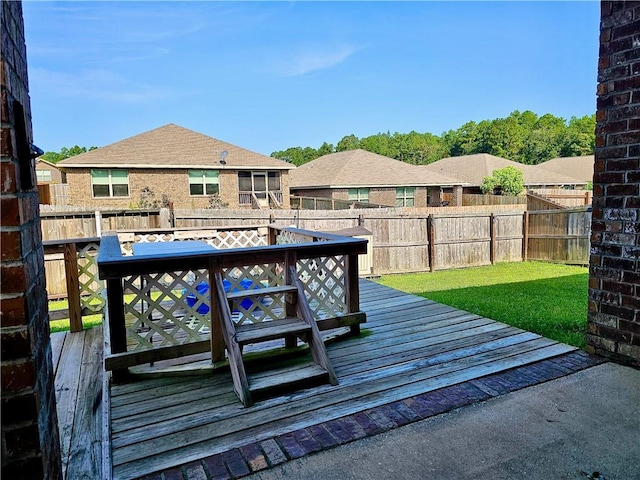 wooden terrace with a fenced backyard and a yard