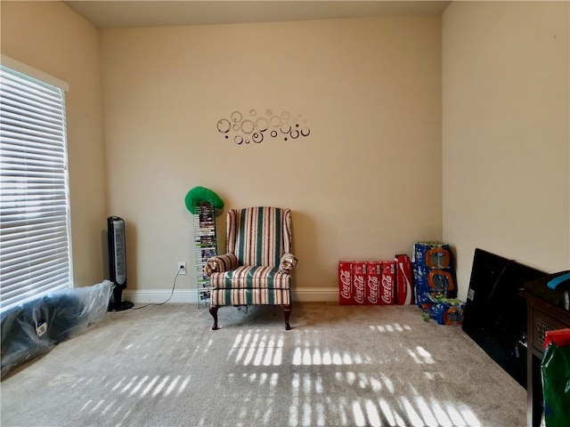 sitting room with baseboards and carpet flooring