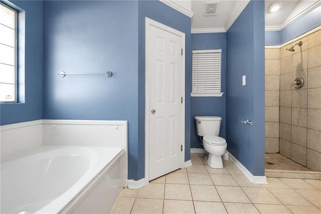 bathroom featuring tiled shower, toilet, ornamental molding, tile patterned floors, and a garden tub