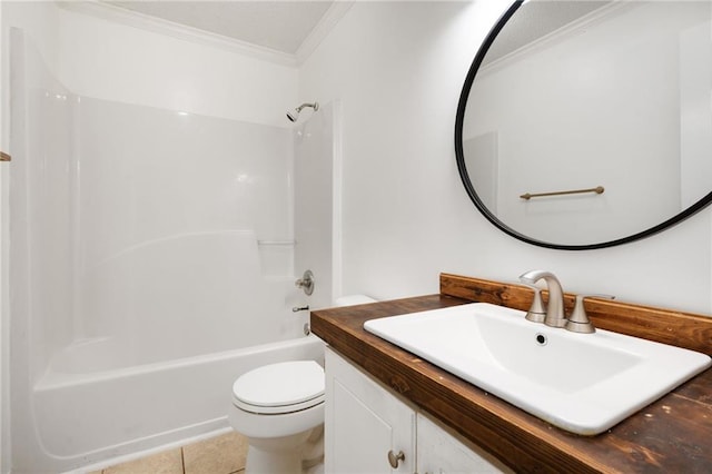 bathroom with toilet, ornamental molding, vanity,  shower combination, and tile patterned floors