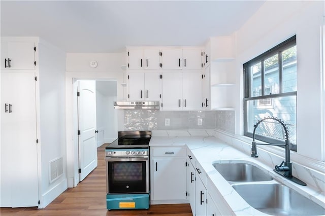 kitchen with sink, tasteful backsplash, stainless steel electric range, light wood-type flooring, and white cabinets