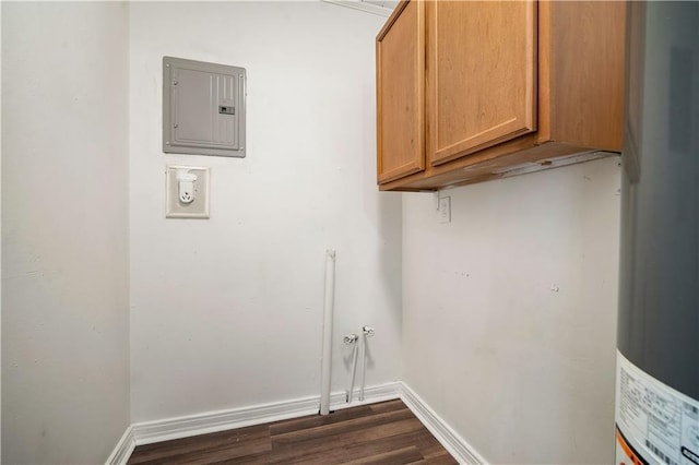 5015 Santos Dr W, Mobile, AL 36619 - laundry room featuring electric panel, cabinet space, dark wood-style floors, gas water heater, and baseboards