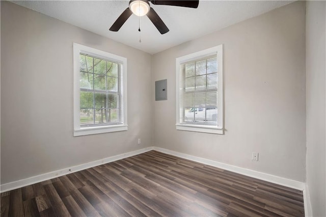 5015 Santos Dr W, Mobile, AL 36619 - spare room featuring electric panel, dark wood finished floors, baseboards, and ceiling fan