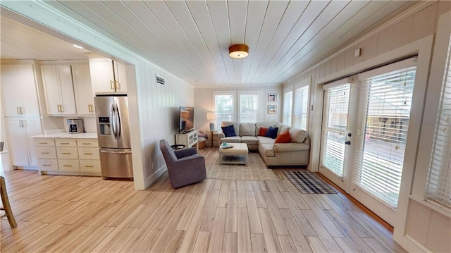 167 Glenwood St, Mobile, AL 36606 - living area with crown molding, light wood-style flooring, and wood ceiling