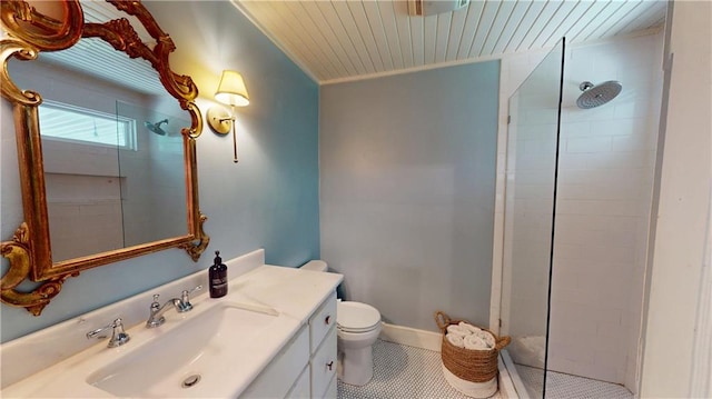 167 Glenwood St, Mobile, AL 36606 - full bathroom featuring a walk in shower, toilet, tile patterned flooring, vanity, and wood ceiling