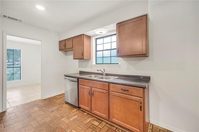 kitchen featuring visible vents, a sink, dark countertops, brown cabinets, and stainless steel dishwasher
