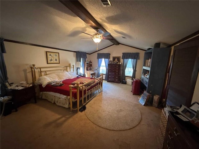 carpeted bedroom featuring vaulted ceiling with beams, crown molding, visible vents, a ceiling fan, and a textured ceiling