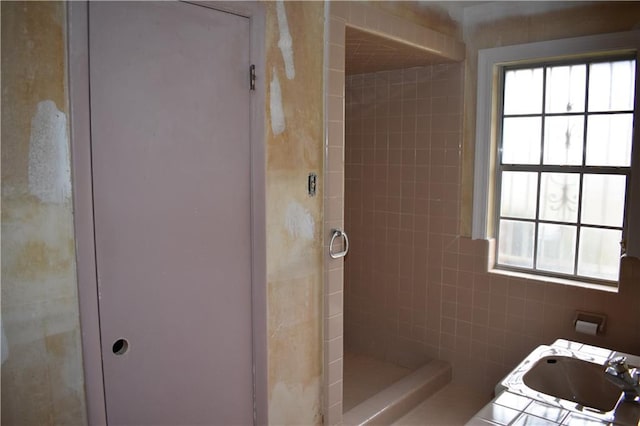 bathroom with vanity and walk in shower