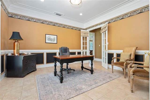 2924 Riverview Pointe Dr S, Theodore, AL 36582 - home office with french doors, crown molding, light tile patterned floors, and recessed lighting