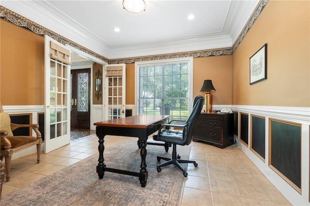 2924 Riverview Pointe Dr S, Theodore, AL 36582 - office with crown molding, light tile patterned floors, wainscoting, french doors, and a decorative wall