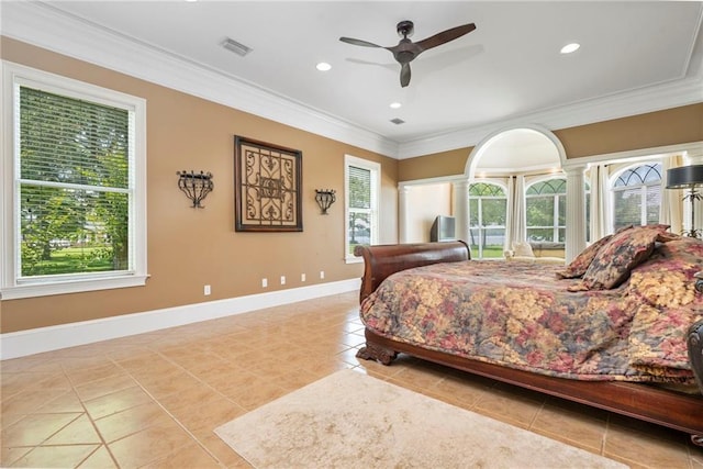 2924 Riverview Pointe Dr S, Theodore, AL 36582 - tiled bedroom featuring crown molding, baseboards, recessed lighting, and ceiling fan