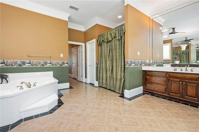 2924 Riverview Pointe Dr S, Theodore, AL 36582 - bathroom featuring crown molding, a bath, vanity, tile patterned floors, and a ceiling fan