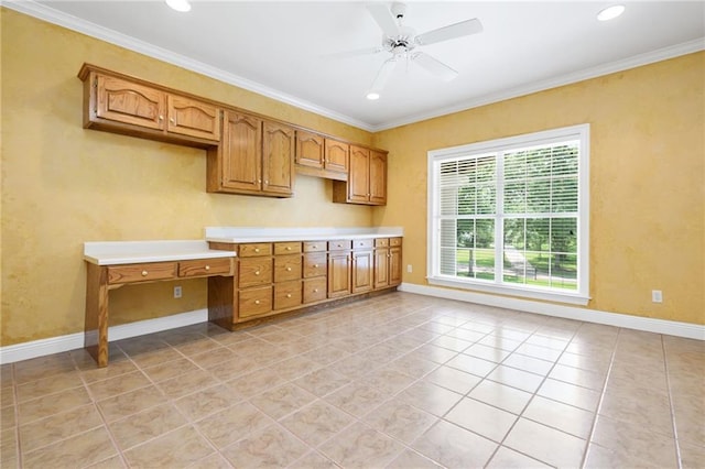 2924 Riverview Pointe Dr S, Theodore, AL 36582 - kitchen featuring ornamental molding, a ceiling fan, baseboards, light tile patterned floors, and light countertops
