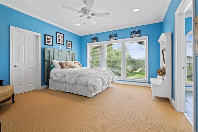 2924 Riverview Pointe Dr S, Theodore, AL 36582 - bedroom with carpet flooring, ornamental molding, recessed lighting, baseboards, and ceiling fan