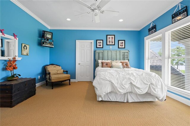 2924 Riverview Pointe Dr S, Theodore, AL 36582 - carpeted bedroom featuring baseboards, crown molding, recessed lighting, and a ceiling fan