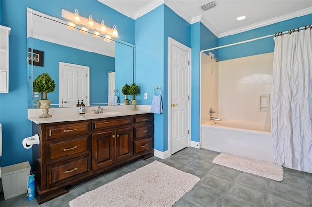 2924 Riverview Pointe Dr S, Theodore, AL 36582 - bathroom with shower / bath combination with curtain, vanity, crown molding, and baseboards