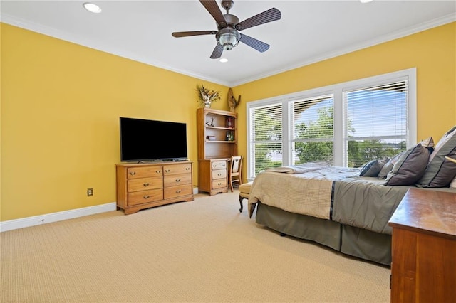 2924 Riverview Pointe Dr S, Theodore, AL 36582 - bedroom with ornamental molding, baseboards, recessed lighting, light carpet, and ceiling fan