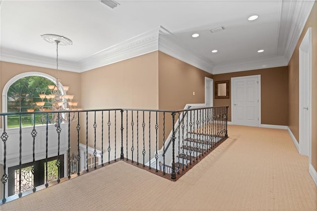 2924 Riverview Pointe Dr S, Theodore, AL 36582 - hallway featuring an upstairs landing, carpet floors, baseboards, recessed lighting, and a chandelier