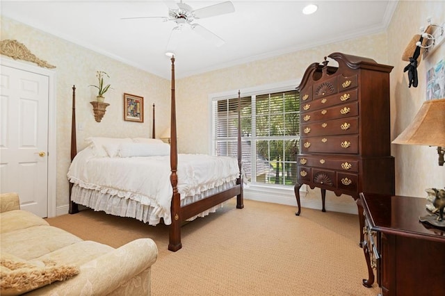 2924 Riverview Pointe Dr S, Theodore, AL 36582 - bedroom with wallpapered walls, light colored carpet, ceiling fan, and ornamental molding