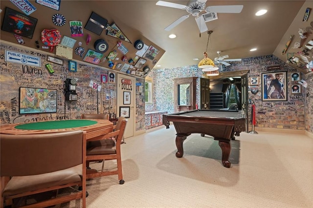2924 Riverview Pointe Dr S, Theodore, AL 36582 - rec room with wallpapered walls, ceiling fan, carpet floors, billiards, and recessed lighting