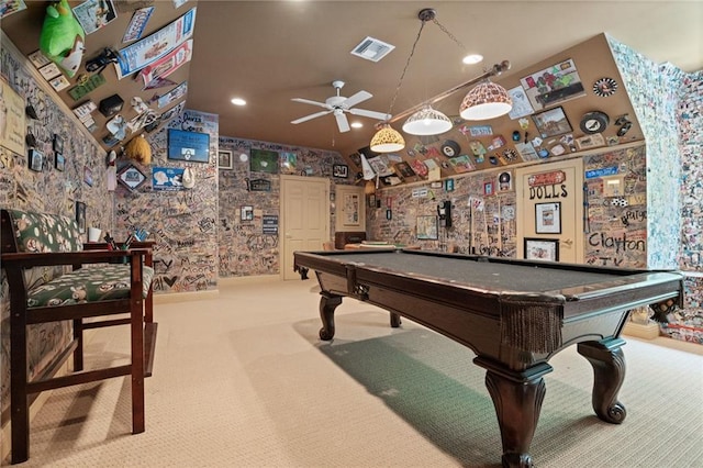 2924 Riverview Pointe Dr S, Theodore, AL 36582 - playroom with carpet flooring, ceiling fan, pool table, lofted ceiling, and recessed lighting