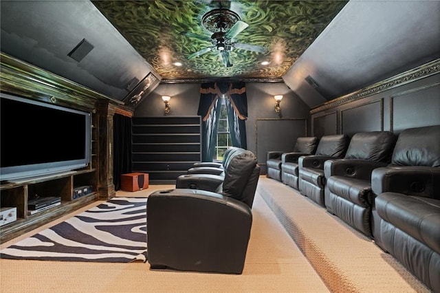 2924 Riverview Pointe Dr S, Theodore, AL 36582 - carpeted home theater room featuring ceiling fan and lofted ceiling