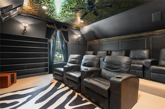 2924 Riverview Pointe Dr S, Theodore, AL 36582 - home theater featuring ceiling fan, carpet flooring, and vaulted ceiling
