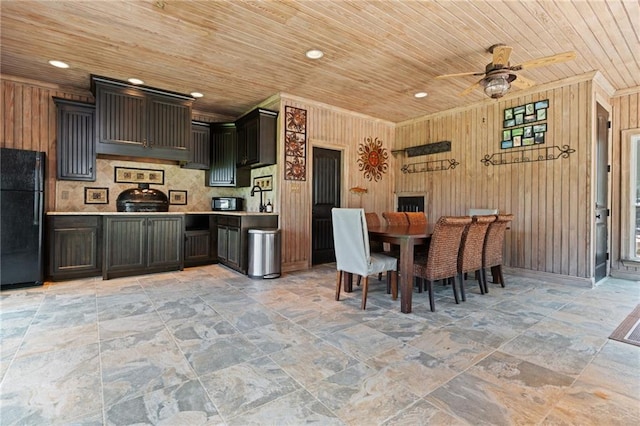 2924 Riverview Pointe Dr S, Theodore, AL 36582 - dining room with wooden ceiling, ceiling fan, wooden walls, light stone finish flooring, and recessed lighting