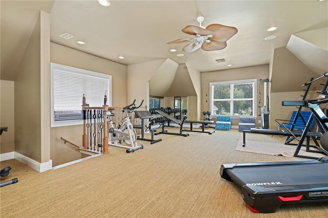 2924 Riverview Pointe Dr S, Theodore, AL 36582 - exercise area featuring carpet, recessed lighting, a ceiling fan, and baseboards
