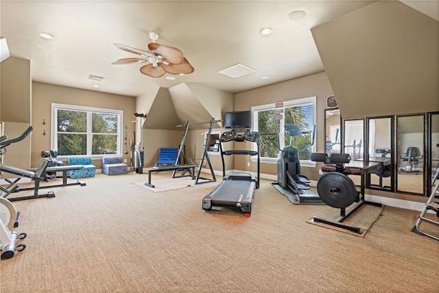 2924 Riverview Pointe Dr S, Theodore, AL 36582 - gym featuring ceiling fan, plenty of natural light, baseboards, carpet flooring, and recessed lighting