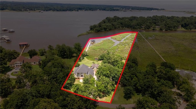 2924 Riverview Pointe Dr S, Theodore, AL 36582 - aerial view of property and surrounding area with property boundaries highlighted and a large body of water