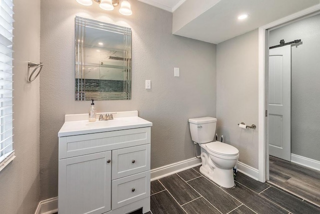 bathroom featuring toilet, vanity, and walk in shower