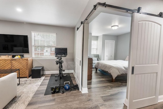 bedroom featuring a barn door, wood-type flooring, and two closets